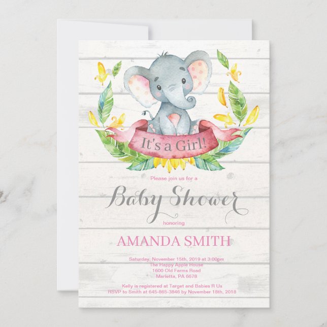 Chica ruso Elefante Invitación Baby Shower Rosa (Anverso)