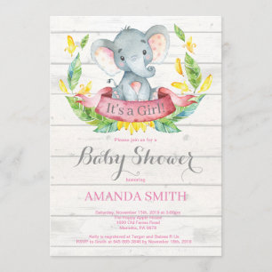 Chica ruso Elefante Invitación Baby Shower Rosa