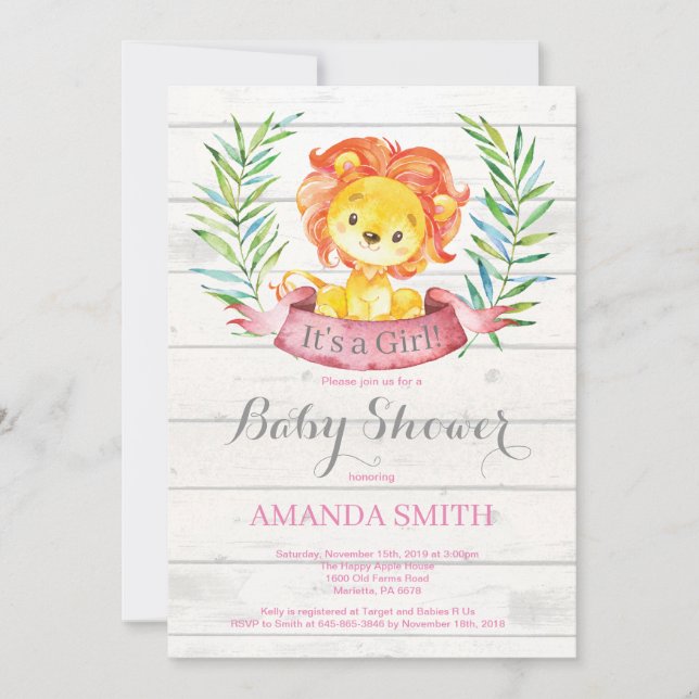 Chica ruso león invitación Baby Shower rosado (Anverso)