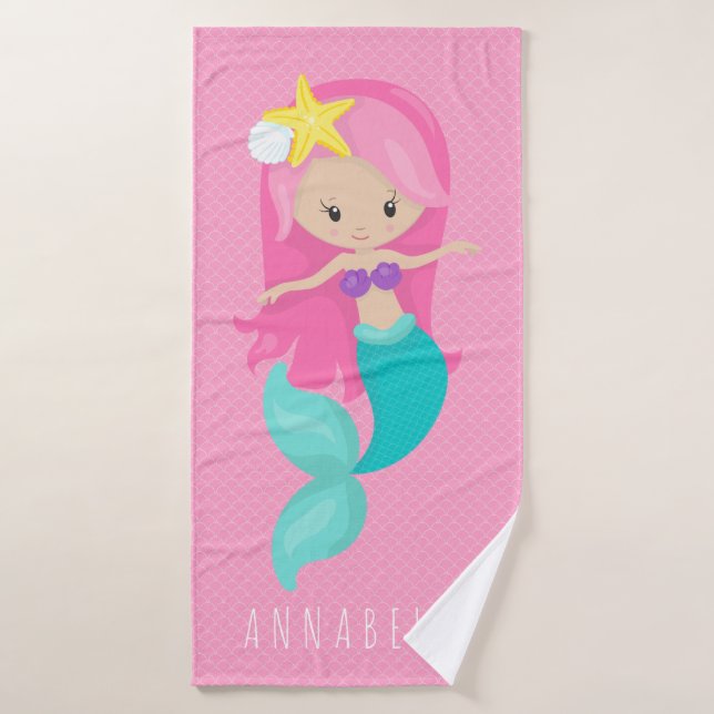 Chica Sirena Princesa Girly Pink Scales Cute Niños (Toalla de baño)