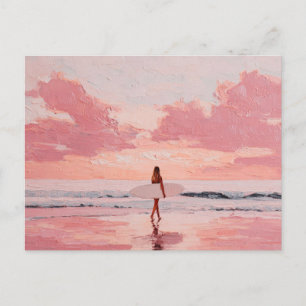 Chica surfista al atardecer Tarjeta postal de arte