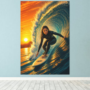 Chica surfista de barril dorado impresión en lienz