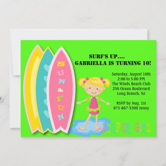 Chica Surfista Fiesta Playa Invitación al cumpleañ (Anverso)