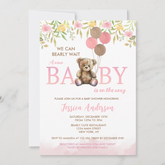 Chica Teddy Bear Bearly Wait baby ducha invitación (Anverso)