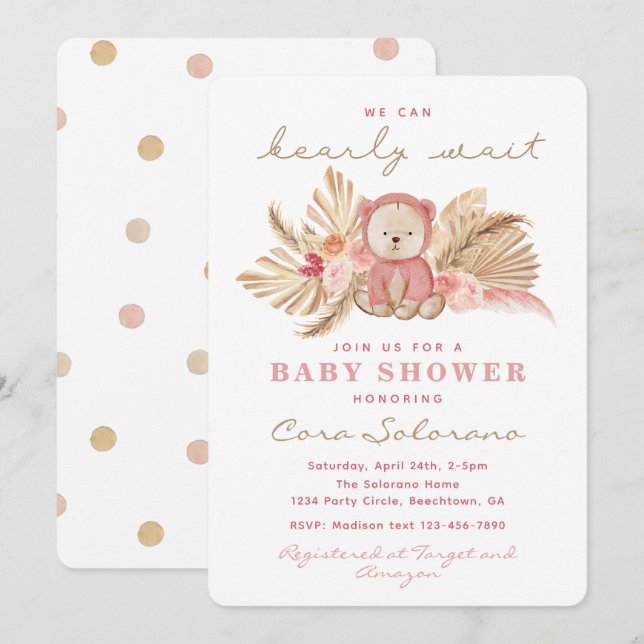 Chica Teddy Bear Shower Invitación | Boho Teddy (Anverso / Reverso)