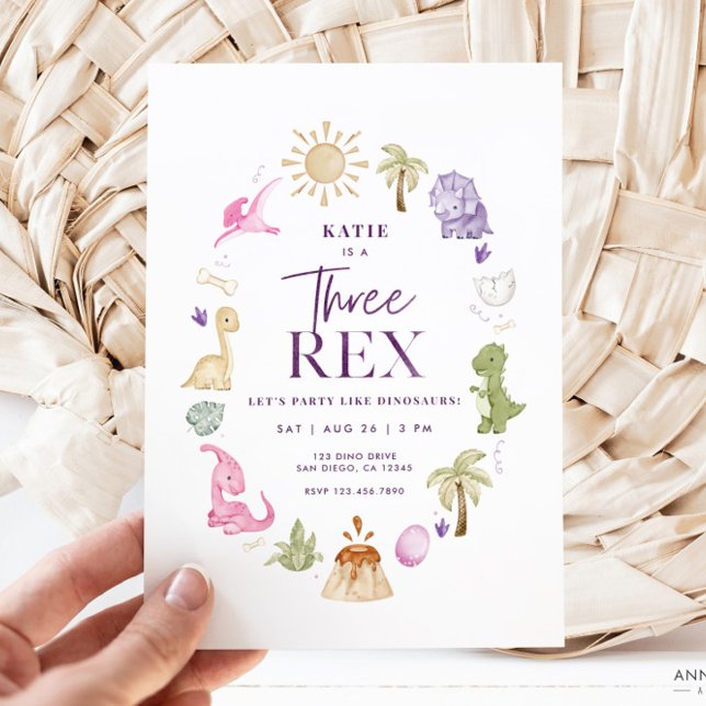 Chica Tres Rex Dinosaur Invitación de tercer cumpl (Girl Three Rex Invitation)