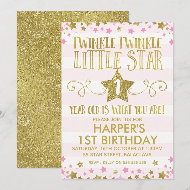 Chica Twinkle Pequeña Estrella Invitación a cumple (Anverso / Reverso)