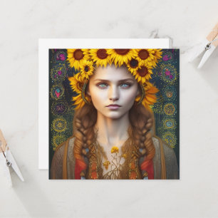 Chica ucraniano de tarjetas Amulets y Sunflowers
