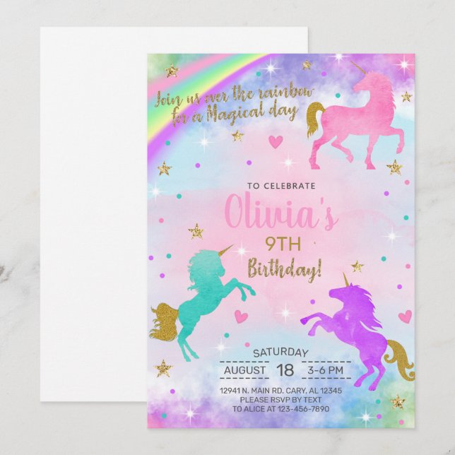 Chica unicornio acuarela invitación de cumpleaños  (Anverso / Reverso)