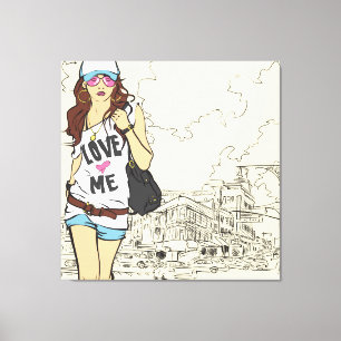 Chica urbano envuelto lienzo