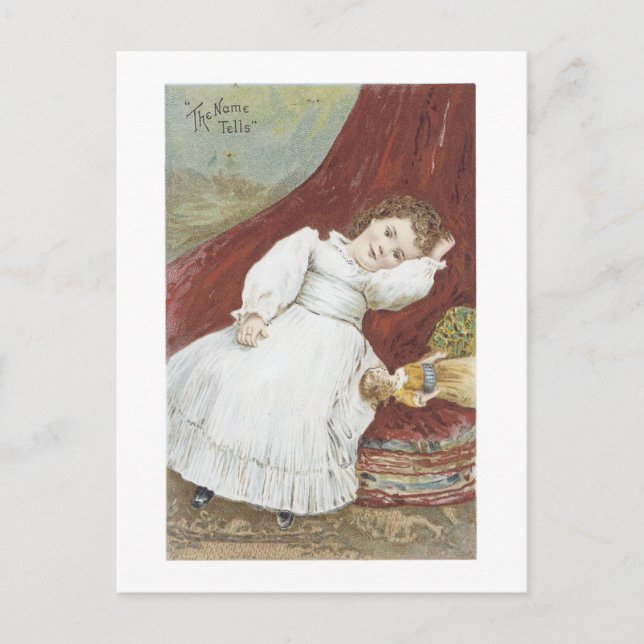Chica victoriana con su tarjeta postal para muñeca (Anverso)