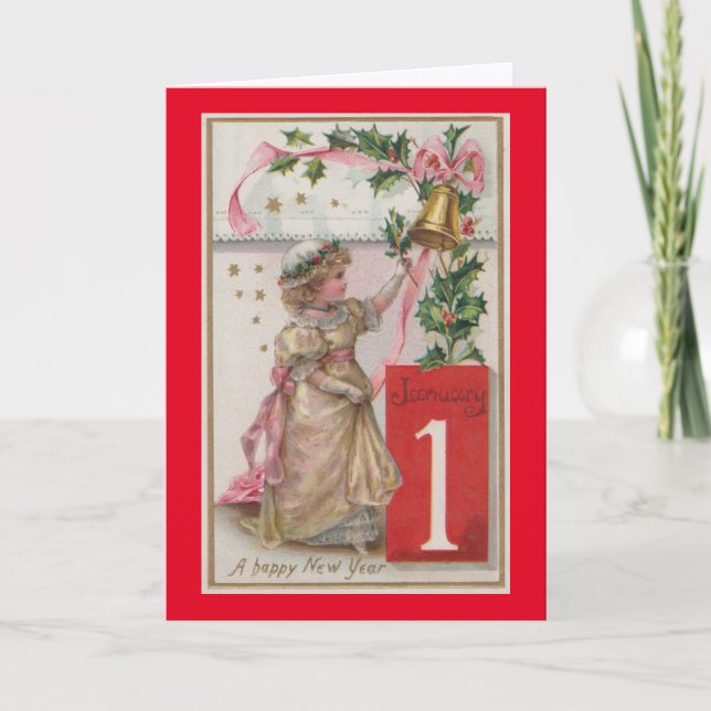 Chica Vintage 1º de enero tarjeta de vacaciones (Anverso)