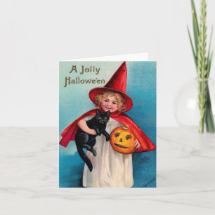 Chica vintage de Halloween con tarjeta de gato neg