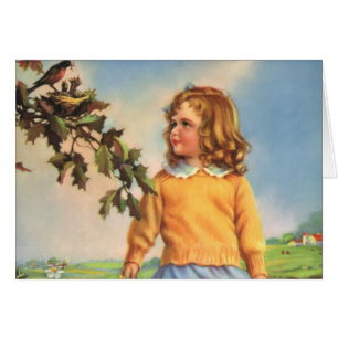 Chica Vintage Observando Pájaros en un Árbol, Prim