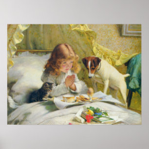 Chica Vintage Rezando con Arte de Gato y Perro Sus