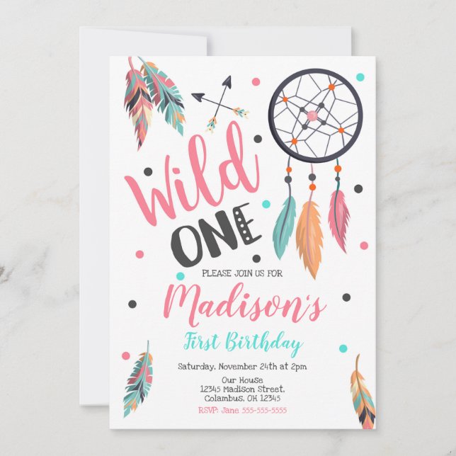 Chica Wild One Dreamcatcher Invitación al primer c (Anverso)