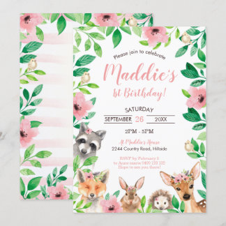 Chica Woodland 1er cumpleaños Invitación a animale