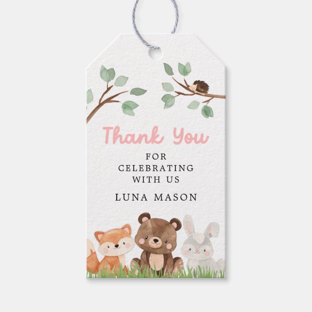 Chica Woodland Baby Shower Gracias etiqueta de fav (Anverso)