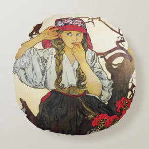 Chica y Geranium, Cojín decorativo Alphonse Mucha