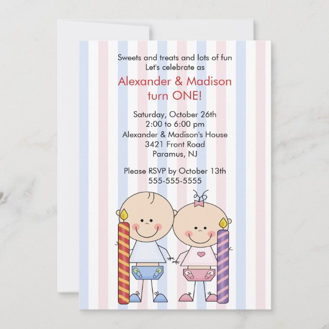 Chica y niño de invitación al primer cumpleaños (Anverso)