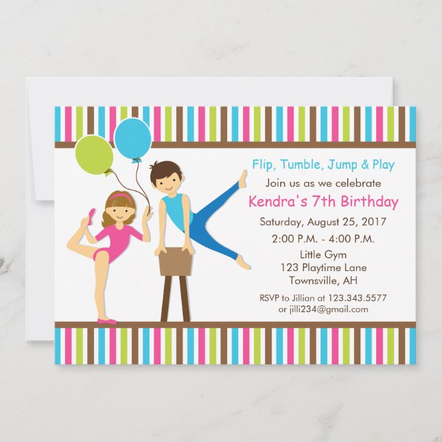 Chica y niño de invitaciones a cumpleaños gimnásti (Anverso)