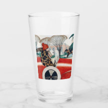 Chica y perro de pug en un automóvil rojo