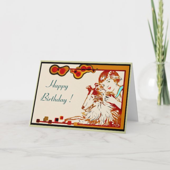 Chica y su tarjeta de cumpleaños de Sheltie (Anverso)