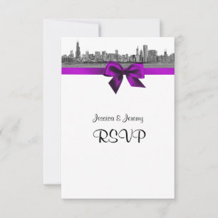 Chicago Skyline Grabado BW Violeta RSVP Menú