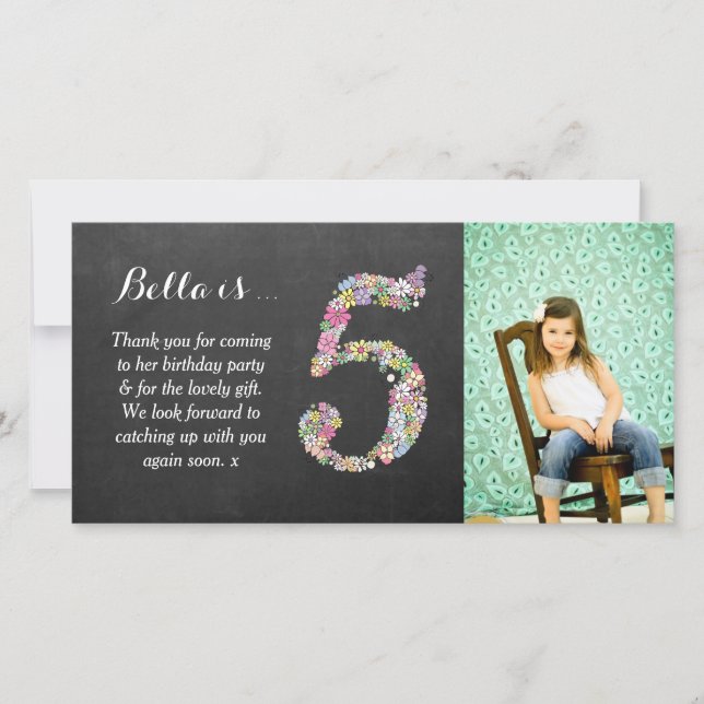 Chicas 5º cumpleaños Floral Gracias tarjeta de fot (Anverso)