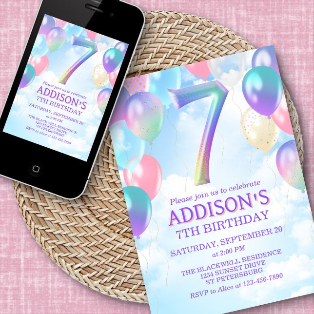 Chicas 7.º cumpleaños Invitación a los globos arco (Subido por el creador)