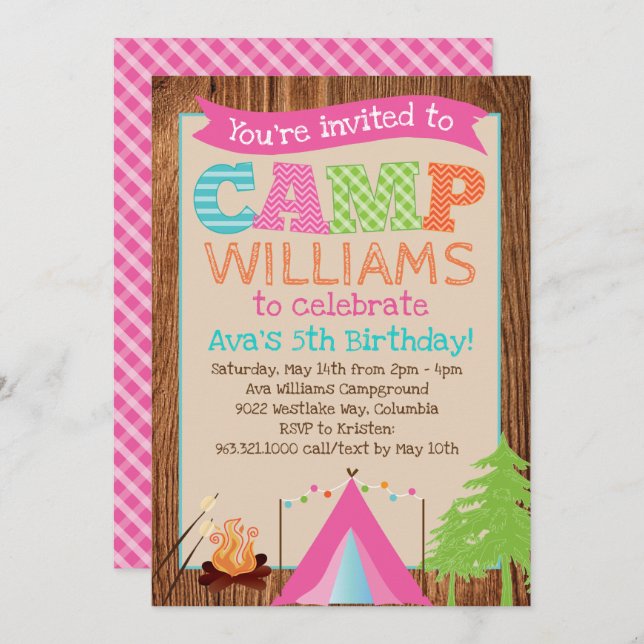 Chicas acampando invitación a fiesta de cumpleaños (Anverso / Reverso)