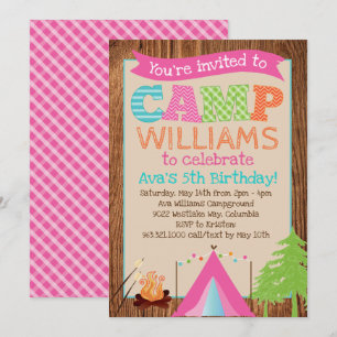 Chicas acampando invitación a fiesta de cumpleaños