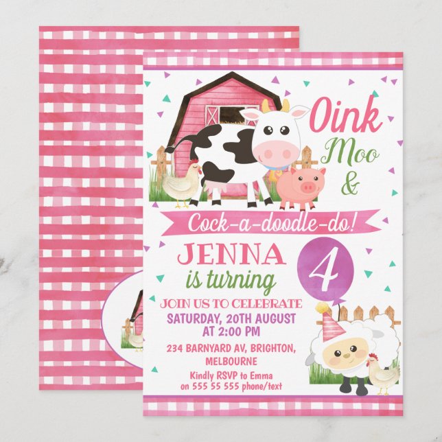 Chicas Animales de granja Invitaciones de cumpleañ (Anverso / Reverso)