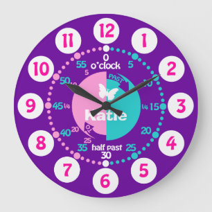 Chicas aprenden a decir hora reloj con nombre púrp