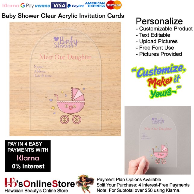 Chicas Baby Shower Tarjeta de invitación acrílica  (Girl's Baby Shower Birth Party Supplies Celebrate Clear Acrylic Invitations 25.)