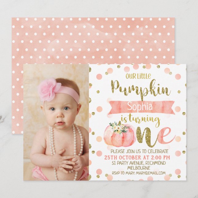 Chicas Calabaza Rosada Floral Invitación de cumple (Anverso / Reverso)