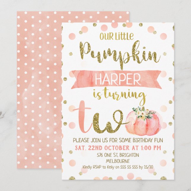 Chicas Calabaza Rosada Segunda Invitación de Cumpl (Anverso / Reverso)