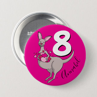 Chicas canguro botón rosado de nombre de cumpleaño
