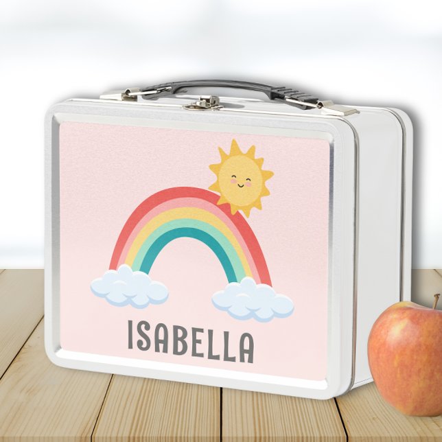 Chicas cortan a niños arcoiris rosados personaliza (Cute Custom Name Lunchbox for girls with rainbow and sun)
