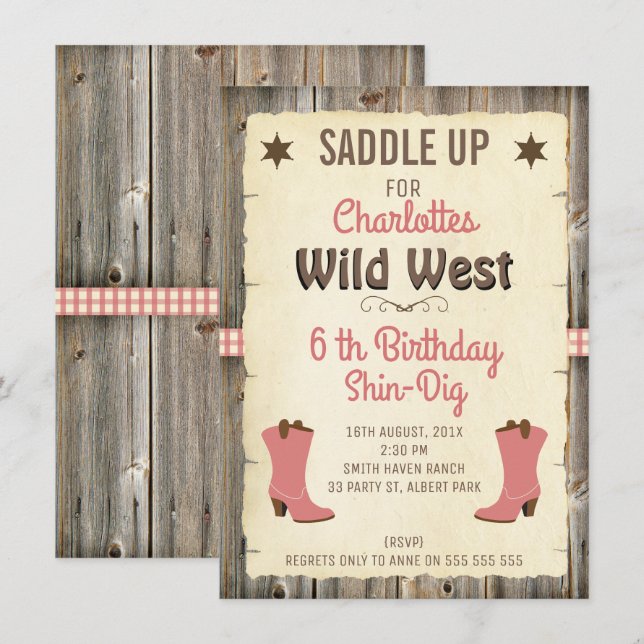 Chicas Cowgirl Boots Wild West Birthday Invitación (Anverso / Reverso)