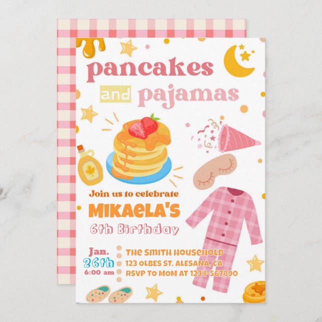 Chicas Crepes y Pajamas Invitación al cumpleaños (Anverso / Reverso)