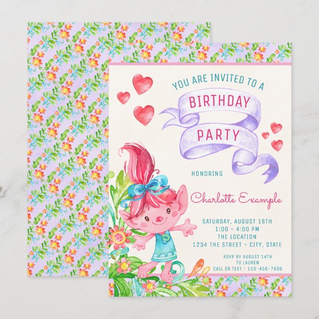 Chicas Cute Troll Invitaciones a la fiesta de cump (Anverso / Reverso)