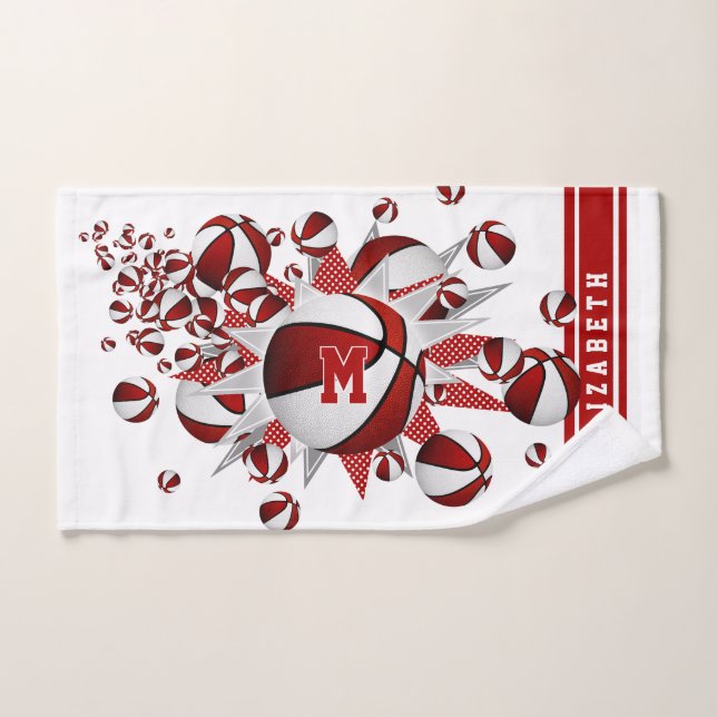 chicas de baloncesto blanco rojo monogramados (Toalla de mano)