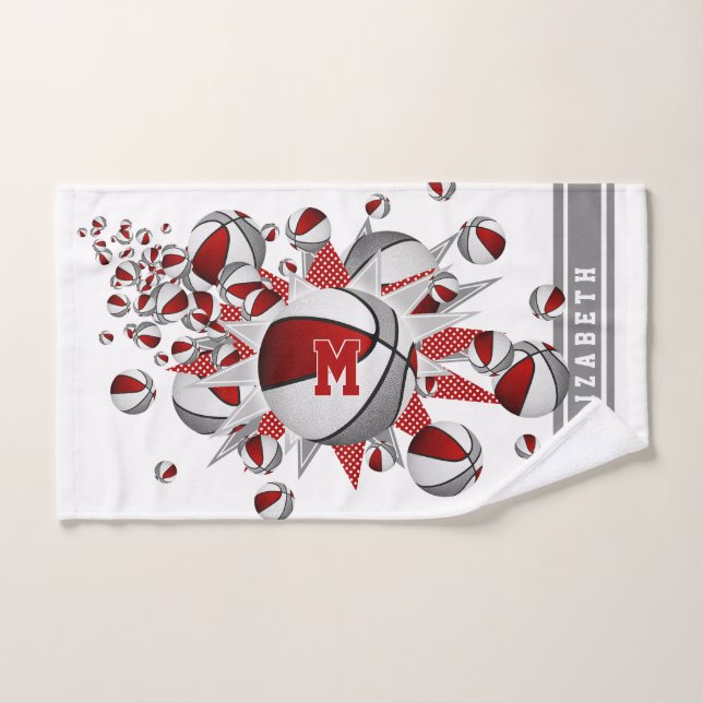 chicas de baloncesto de color gris rojo monogramad (Toalla de mano)