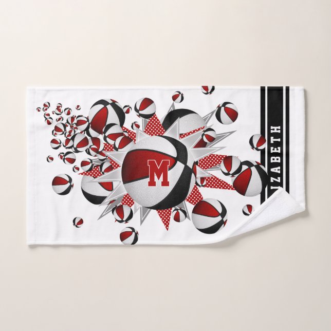 chicas de baloncesto negro rojo monogramados (Toalla de mano)
