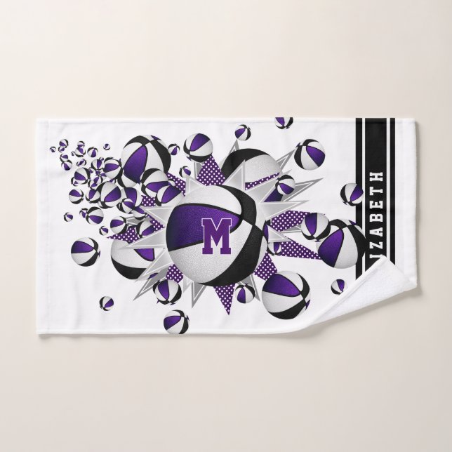 chicas de baloncesto negro violeta monogramados (Toalla de mano)