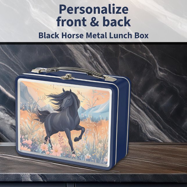 Chicas de caballos de Stallion Negro vibrantes flo (Black Stallion Horse Girls Vibrant Wildflowers Fun Metal Lunch Box - Personalize Front and Back)