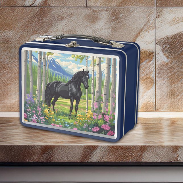 Chicas de caballos negros flores pradera diversión (Black Horse Girls Flowers Meadow Pink Blue Fun Metal Lunch Box - Personalize front and back.)