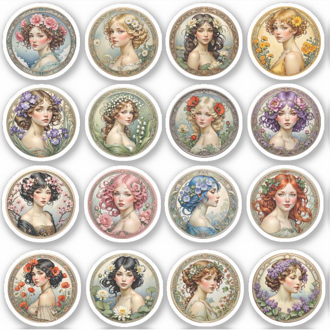 Chicas de flores rodean a Pegatinas de Art Nouveau (Anverso)