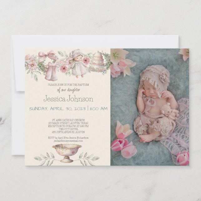 Chicas de flores rosas invitación al bautismo (Anverso)